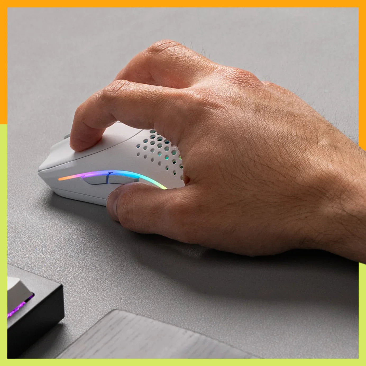 Glorious Model O 2 Wireless Gaming Mouse Dual Mode 2.4GHz & Bluetooth Wireless 68g Superlight with 26k BAMF 2.0 Sensor 24 Hand gripping Model O 2 Wireless in White, highlighting the two separate side buttons now featured in this upgraded model.
